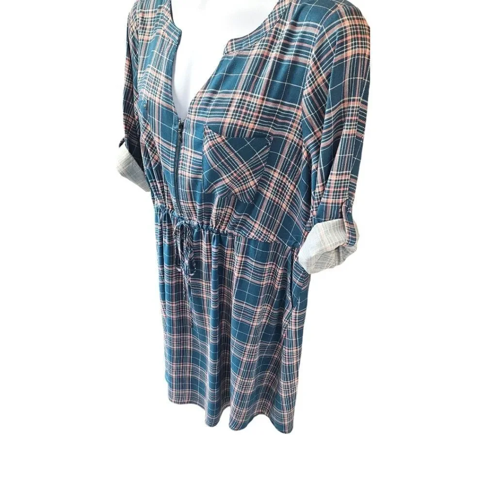 TORRID Blue & Pink Plaid Long Sleeve Stretch Challis Zip-Front Midi Dress 2X